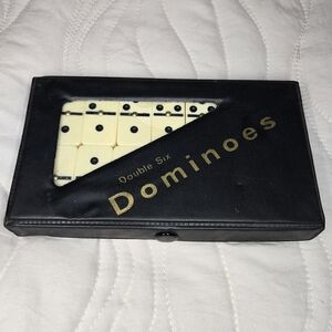Vintage Double Six Dominoes,Set of 28 Off White/Black W/ Gold Dot And Vinyl Case